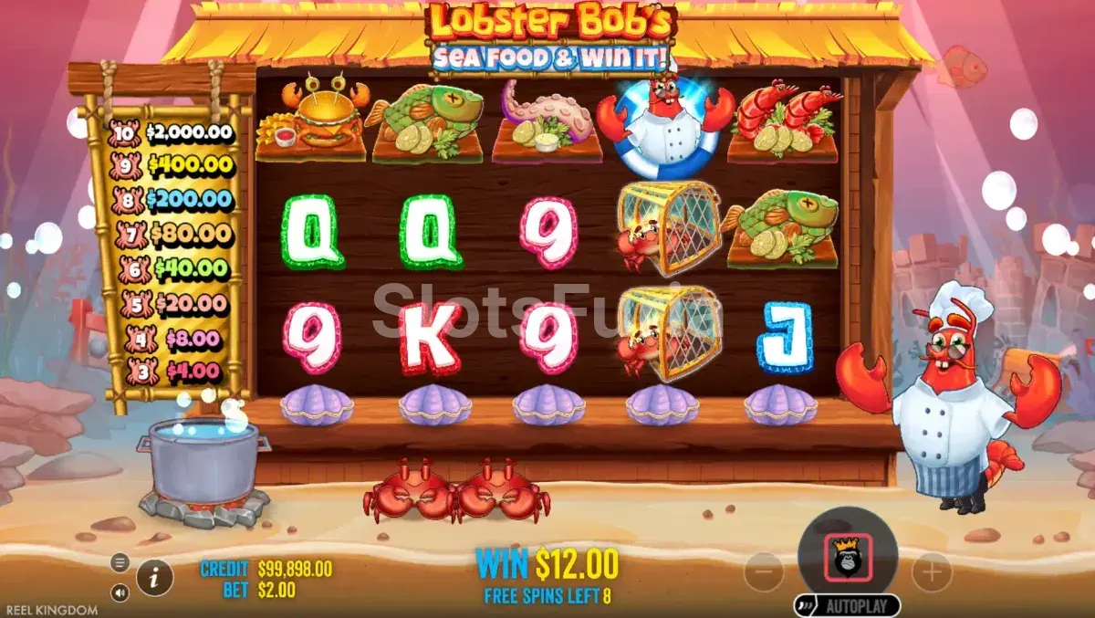 Ronda de giros gratis de Lobster Bob's Sea Food and Win It con multiplicador activo