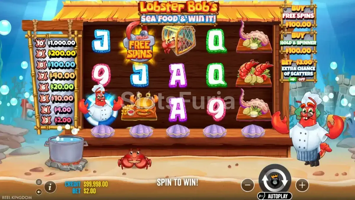 Pantalla principal de Lobster Bob's Sea Food and Win It con el tablero de juego submarino