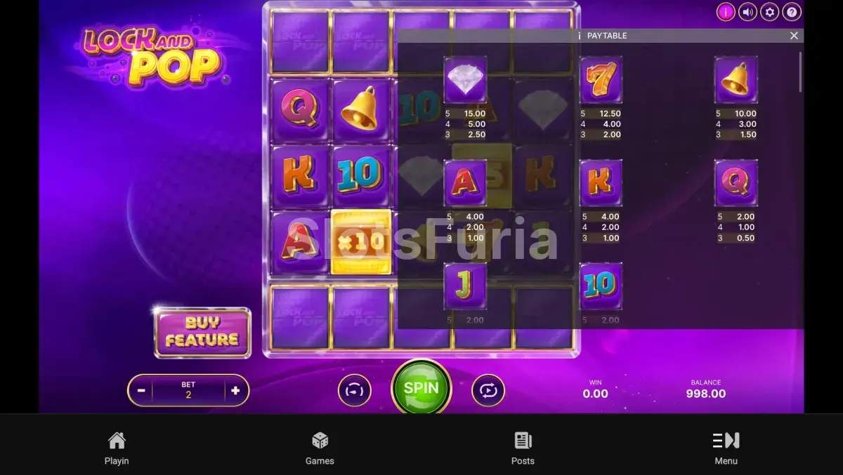 Tabla de pagos de Lock and Pop con símbolos y valores