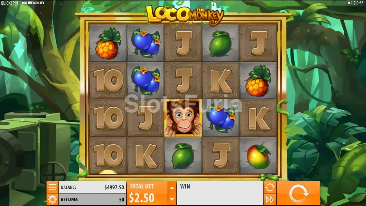 Pantalla principal de Loco The Monkey con los carretes en acción