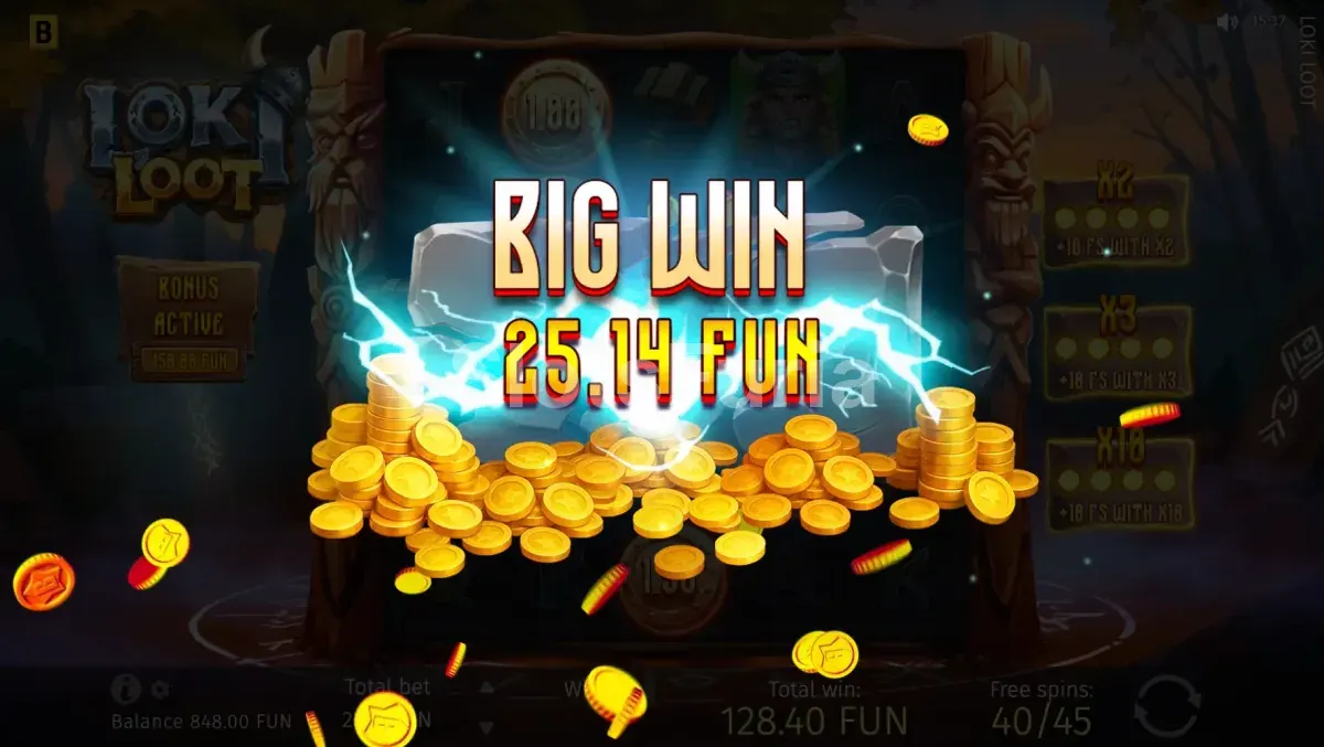 Gran premio en pantalla durante una partida de Loki Loot