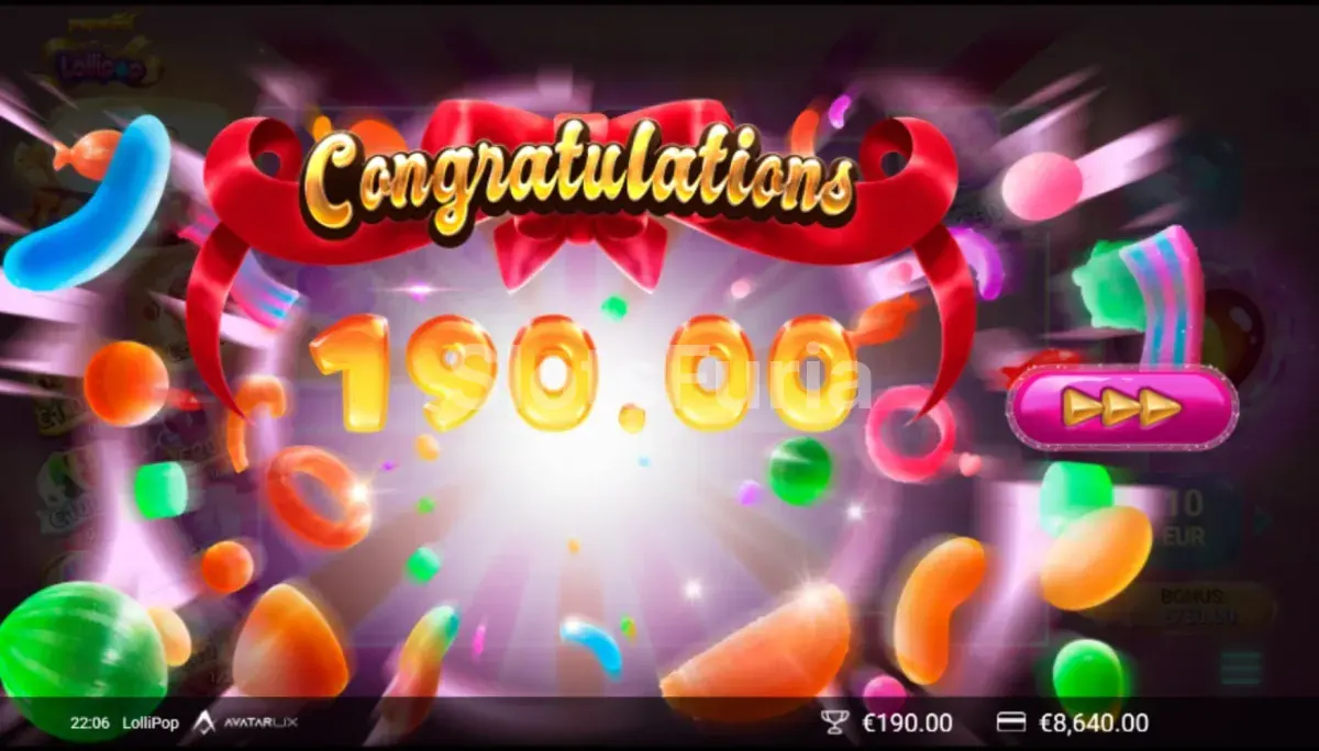 Gran victoria conseguida en la slot LolliPop durante el bonus