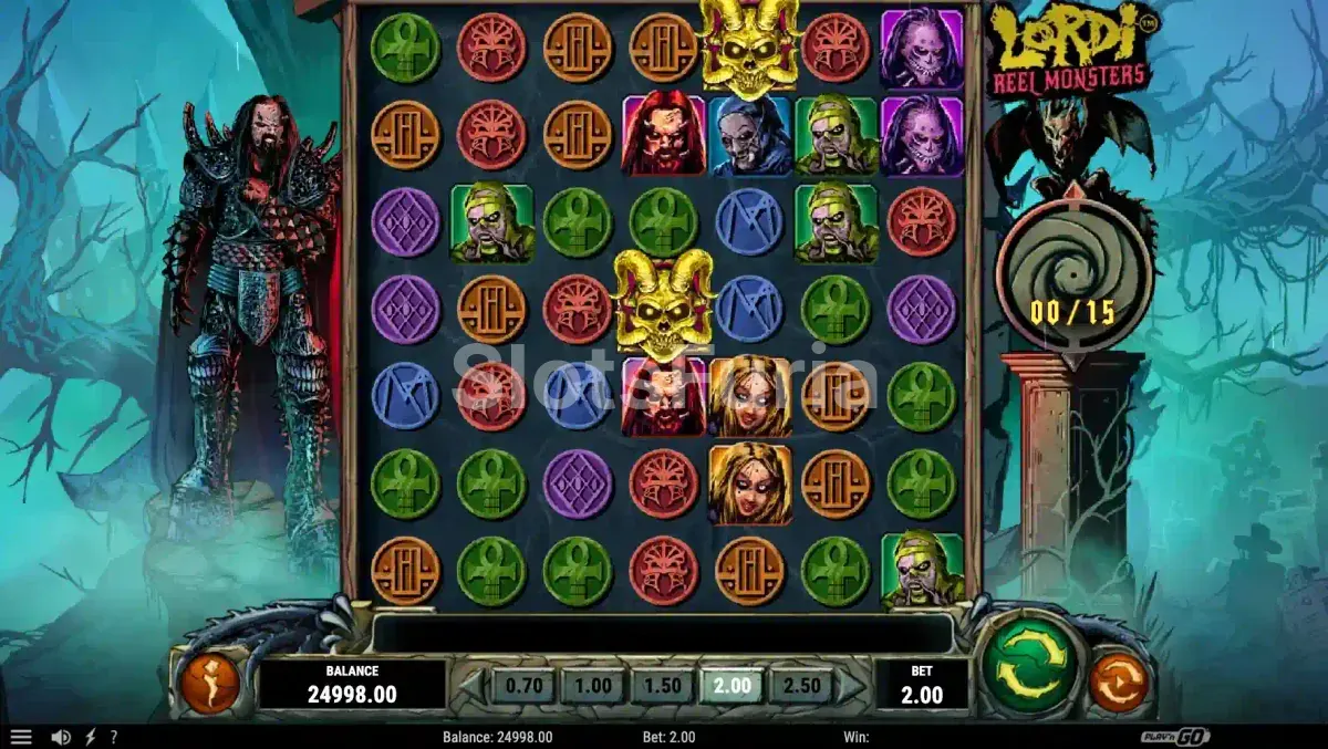 Pantalla principal del juego Lordi Reel Monsters con los cinco monstruos en los rodillos