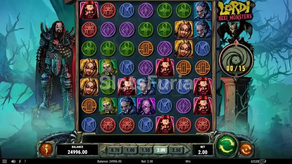 Vista alternativa del juego base de Lordi Reel Monsters mostrando una combinación ganadora