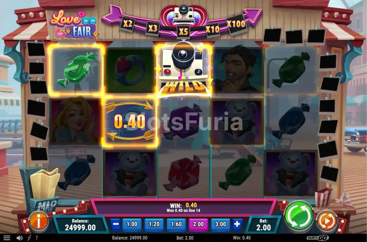 Giros libres activos en Love is in the Fair con multiplicadores en pantalla