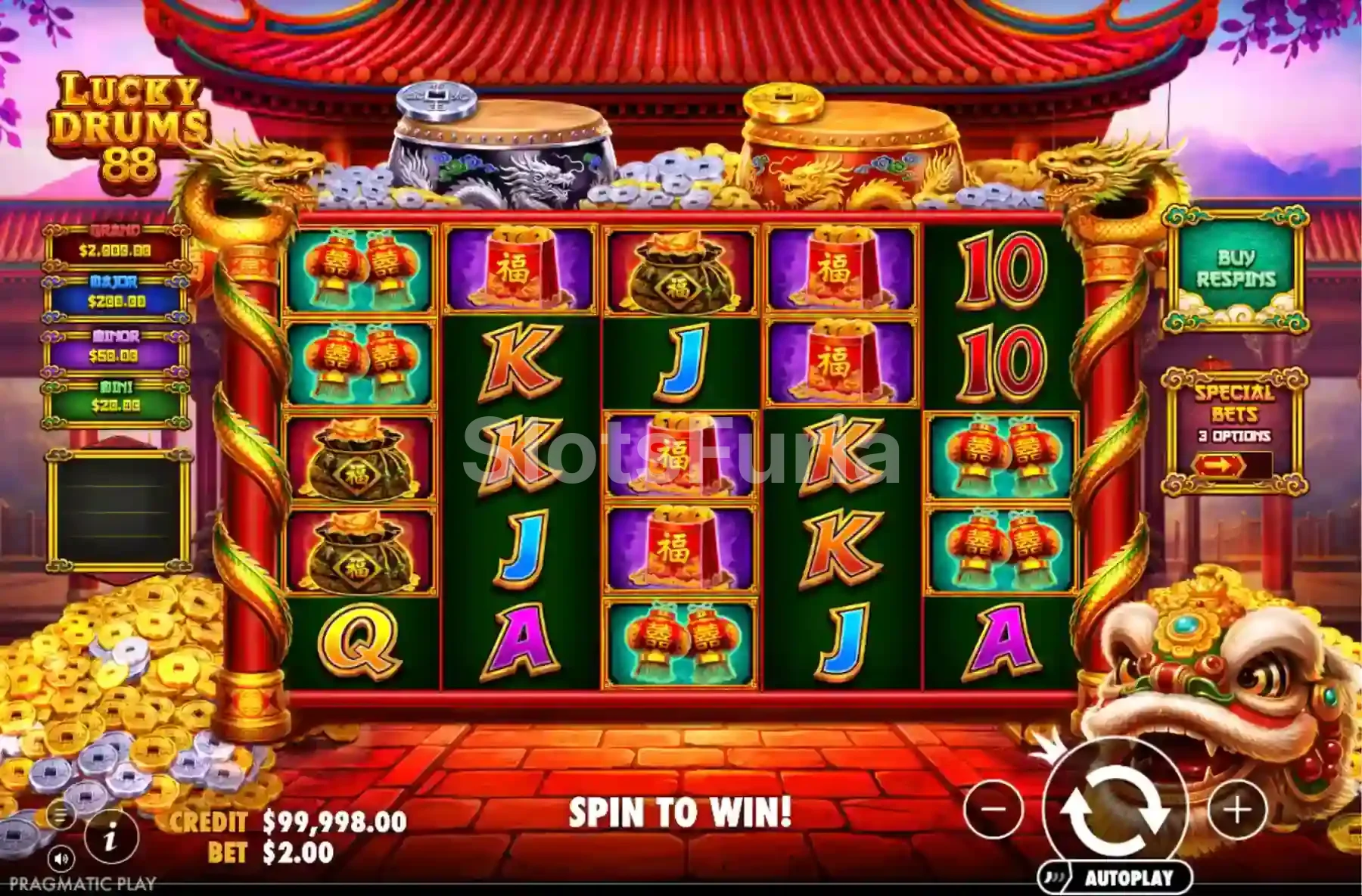 Cuadrícula del juego base de Lucky Drums 88