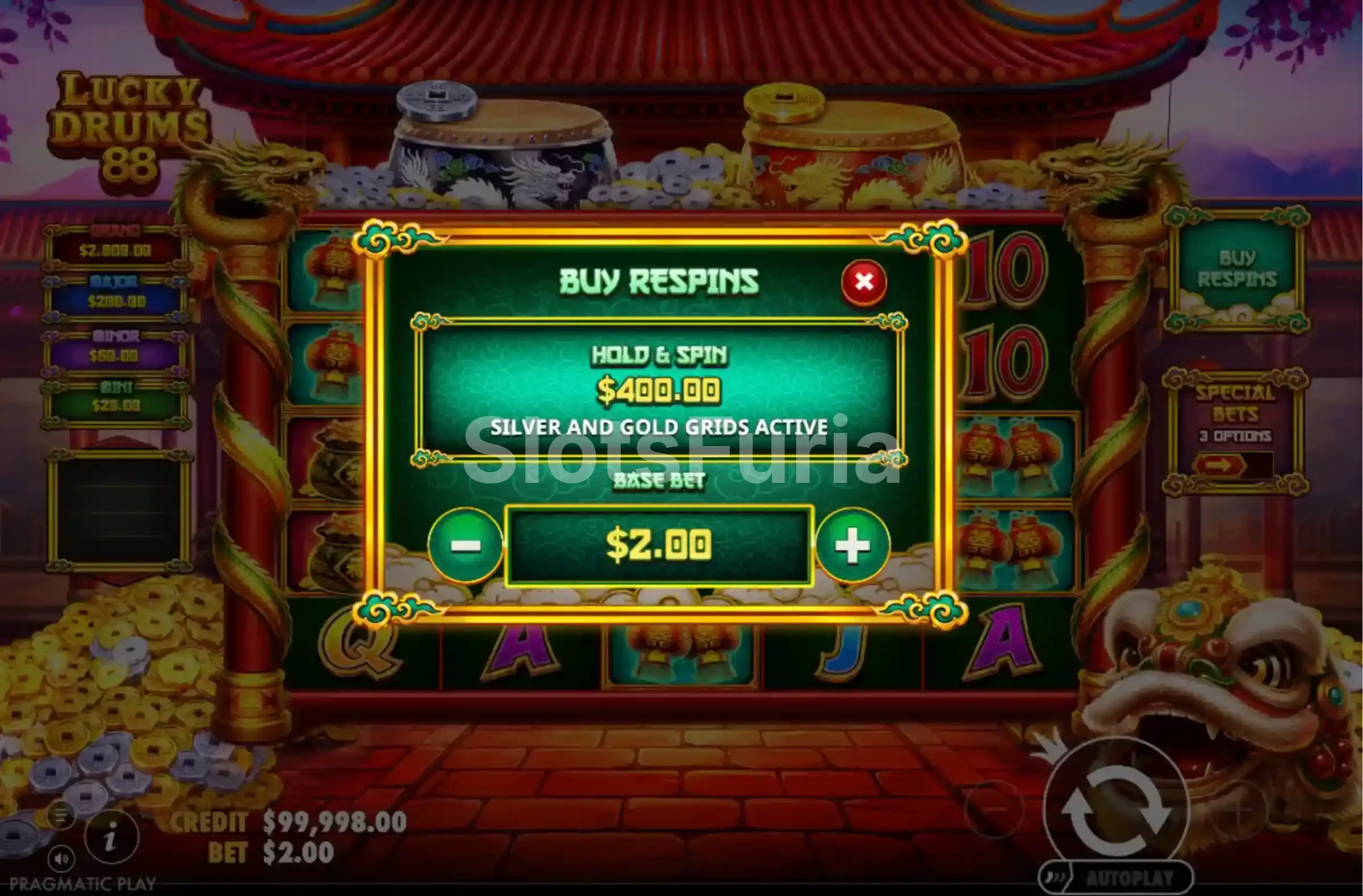 Pantalla de compra de bonus en Lucky Drums 88