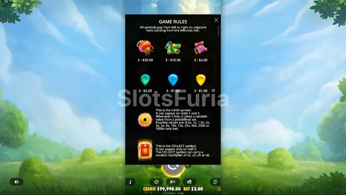 Tabla de pagos de Lucky Fortune Tree mostrando símbolos Cash y Collect