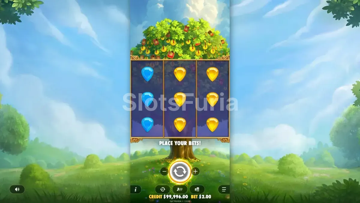Segunda vista del juego base de Lucky Fortune Tree con los carretes en acción