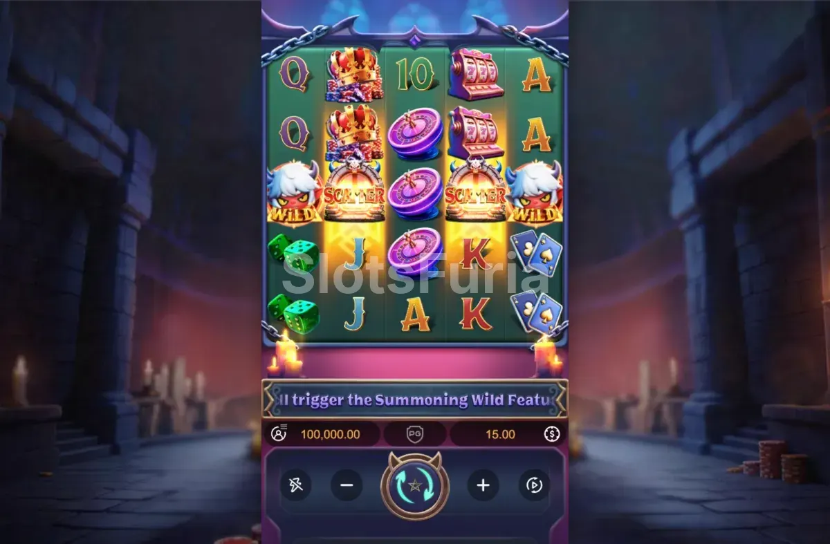 Juego base de Lucky Mischief con la cuadrícula de 5x5 y el diablillo travieso