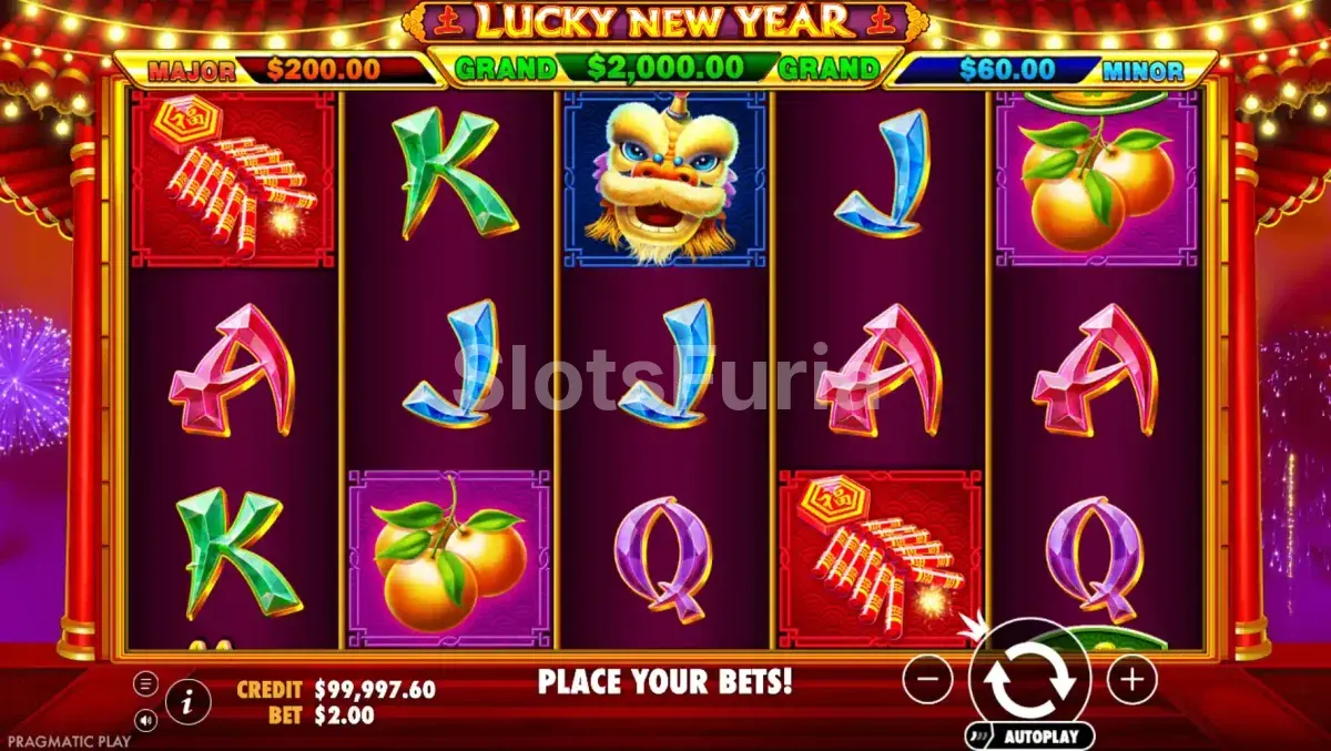 Segunda vista del juego base de Lucky New Year con combinación ganadora activa