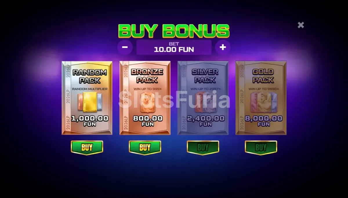Interfaz de compra de bonus de Lucky Pack 2026 Cup con los cuatro packs