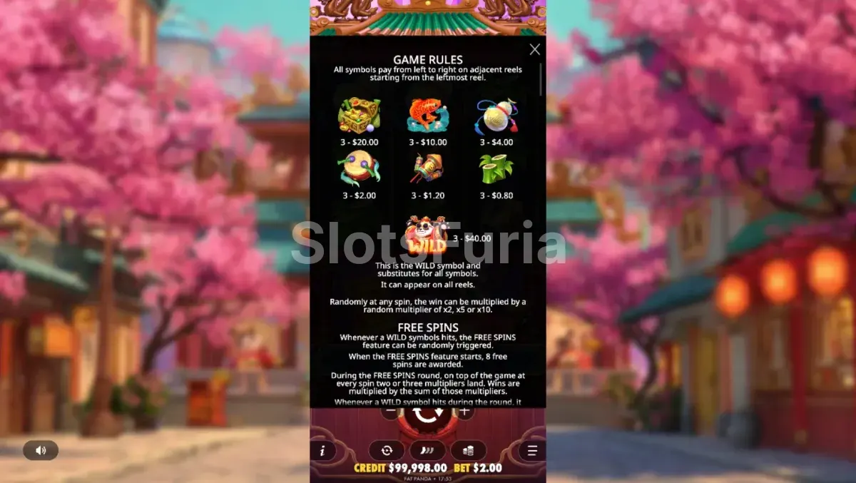 Tabla de pagos de Lucky Panda con los símbolos y sus valores