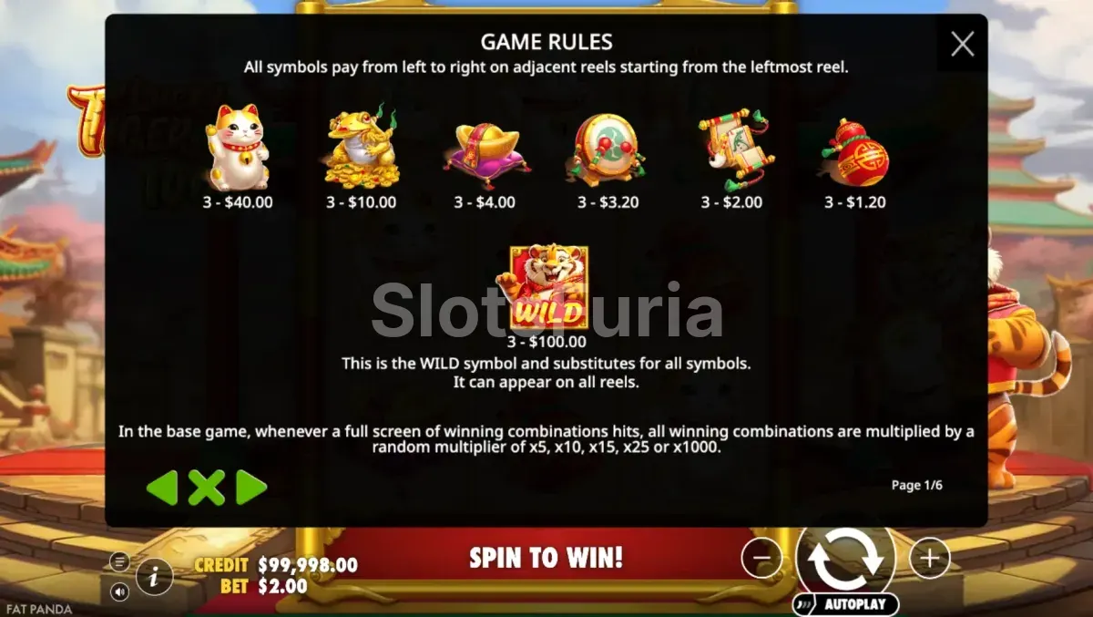 Tabla de pagos de Lucky Tiger 1000 con los valores de cada símbolo