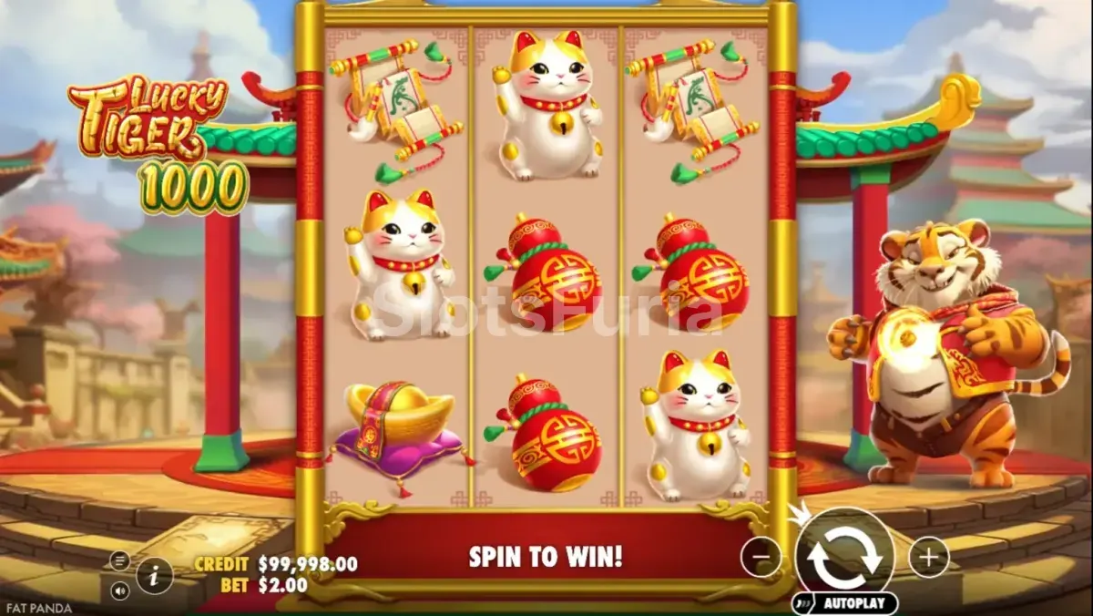 Pantalla principal del juego Lucky Tiger 1000 con sus cinco carretes