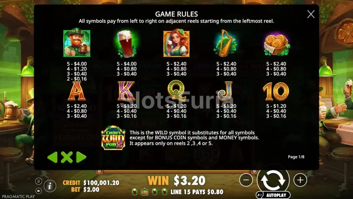 Tabla de pagos detallada de Lucky's Wild Pub 2