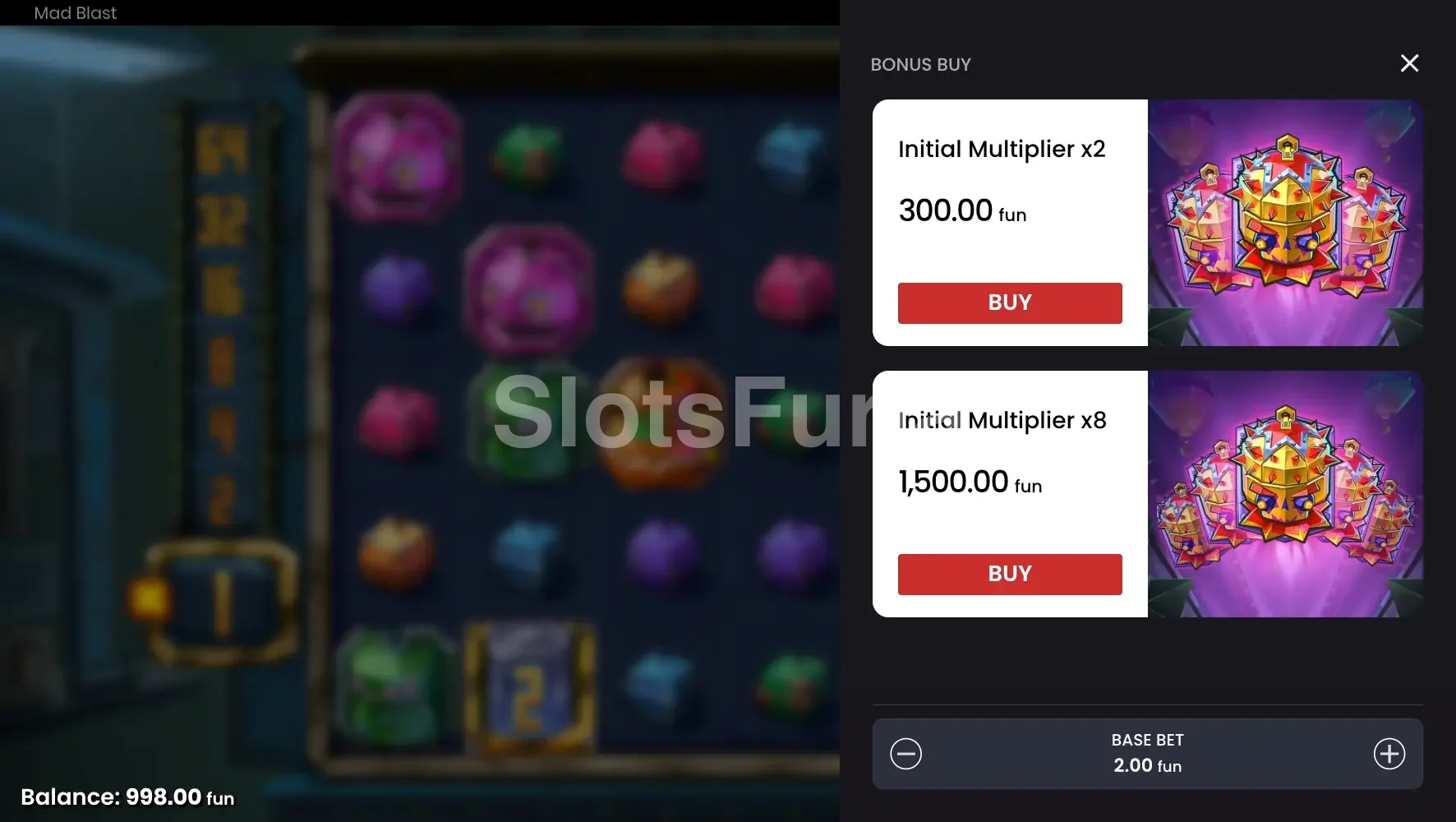 Menú de compra de bono de Mad Blast con las opciones disponibles