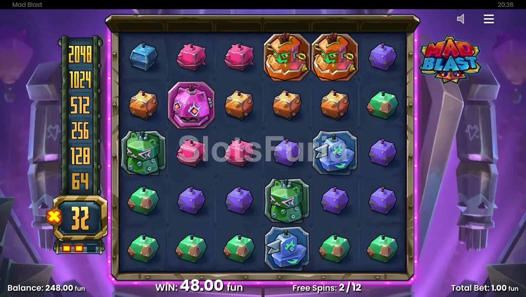 Ronda de giros gratuitos de Mad Blast con multiplicadores activados