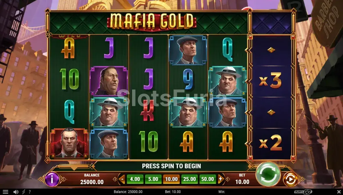 Pantalla principal del juego Mafia Gold con sus 5 carretes y ambiente de mafia