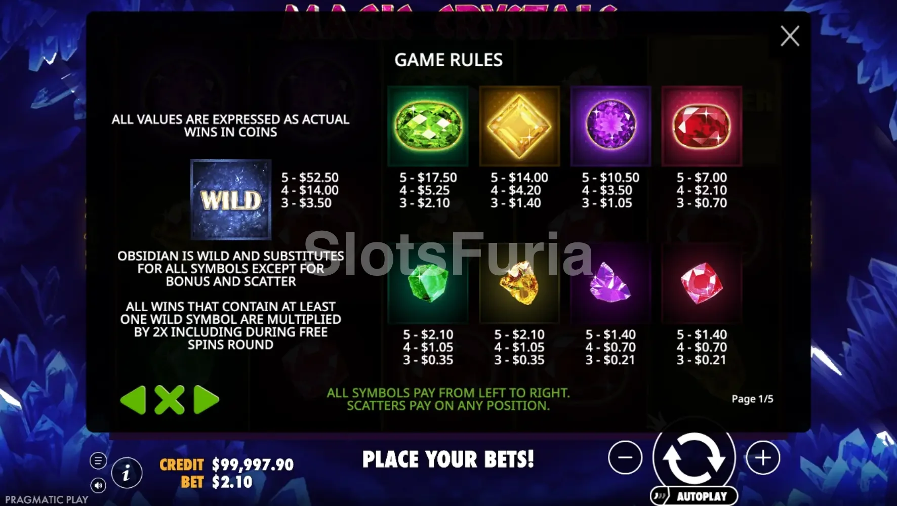 Tabla de pagos de Magic Crystals con los símbolos y sus valores