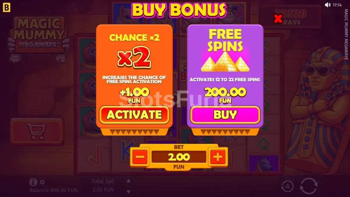 Pantalla de compra de bono en Magic Mummy Megaways por 100x la apuesta