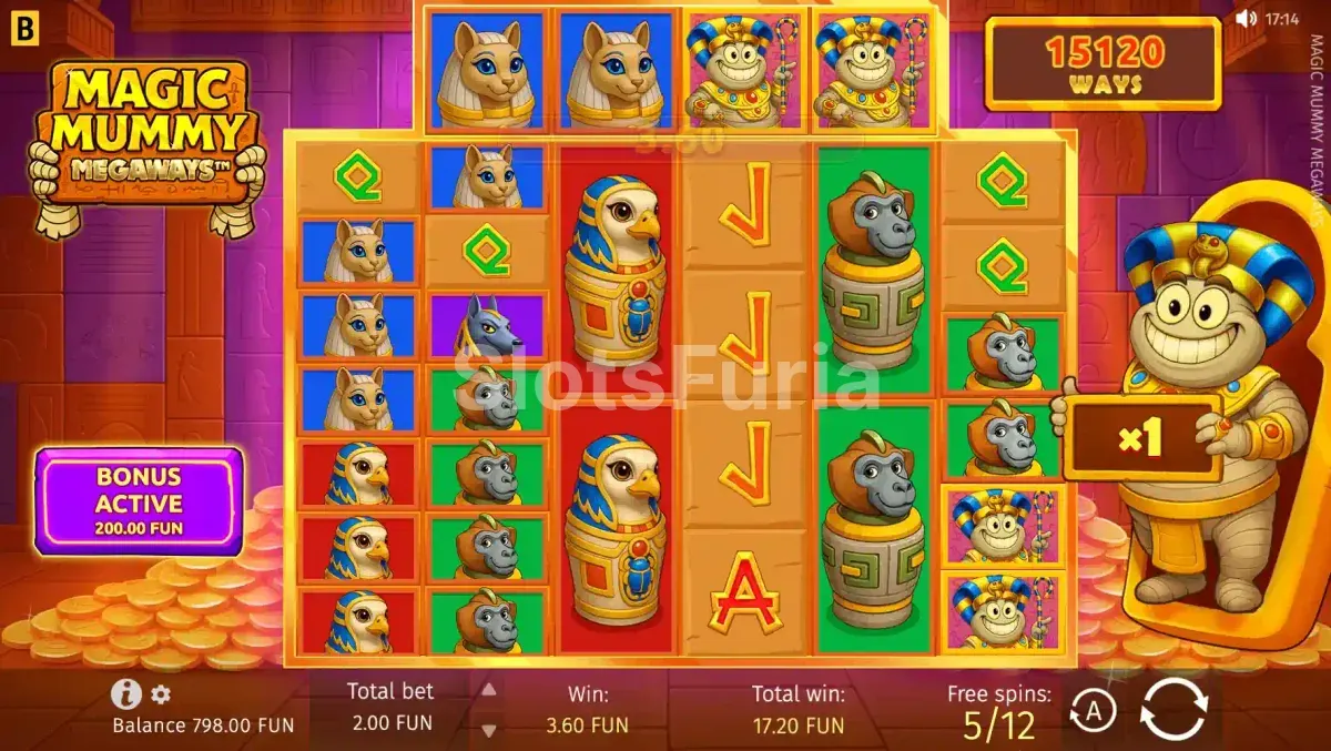 Función de giros gratis activada en Magic Mummy Megaways con multiplicadores