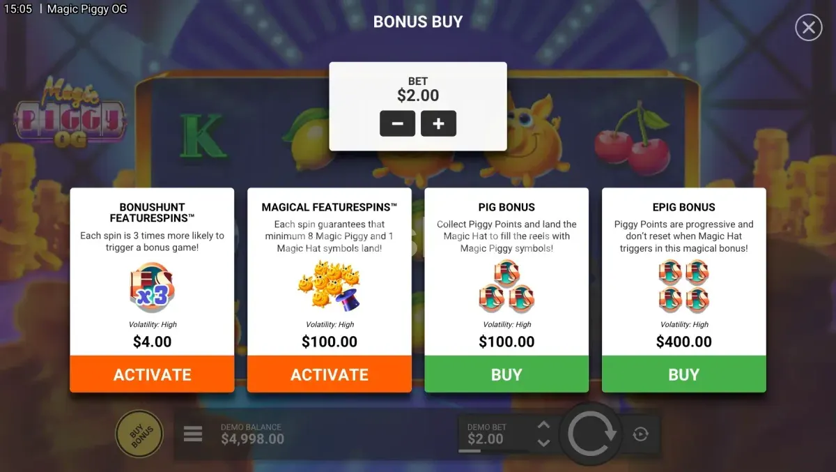 Menú de compra de bono de Magic Piggy OG