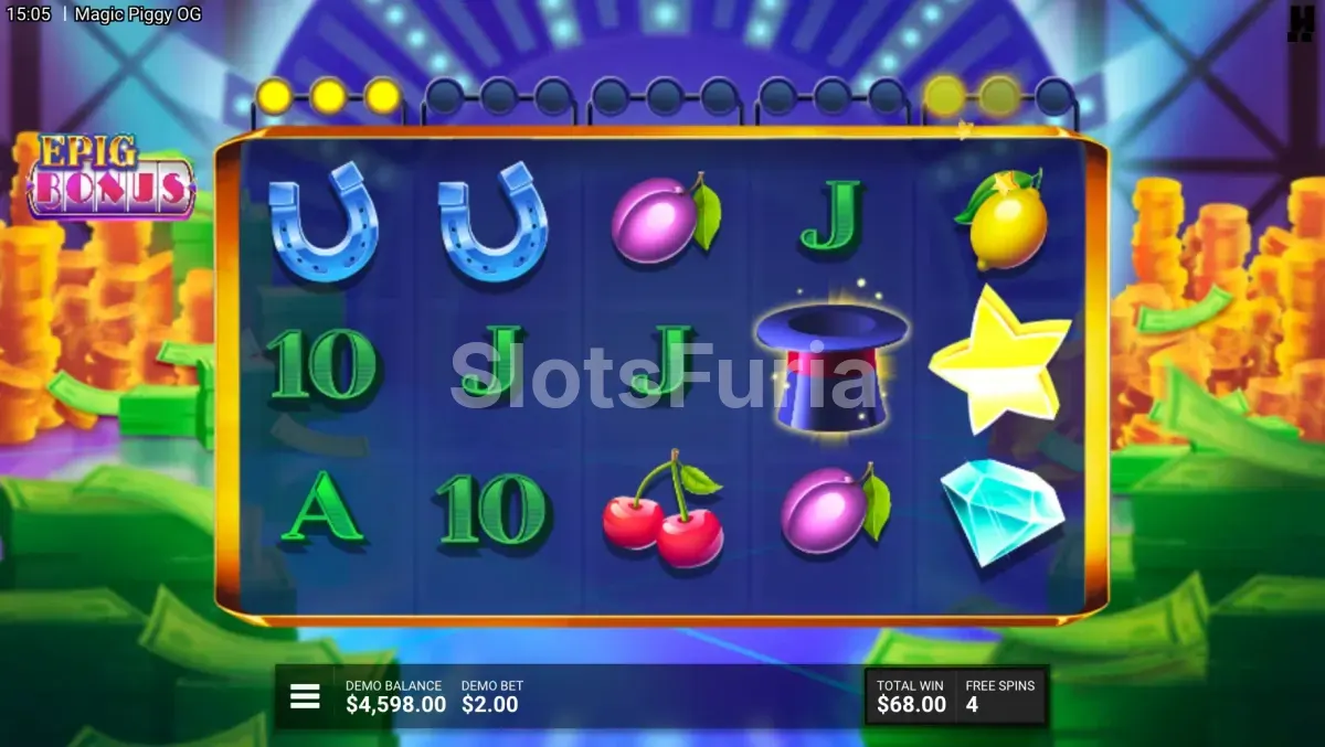 Giros gratis de Magic Piggy OG con las estrellas sobre los rodillos