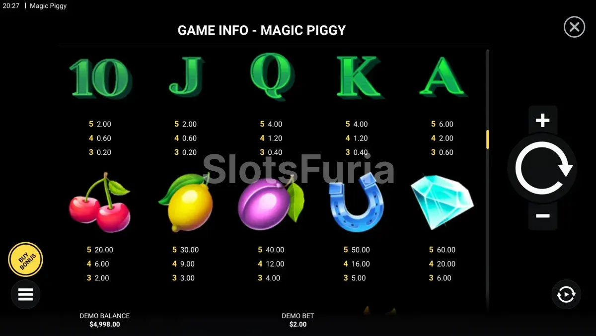 Tabla de pagos de Magic Piggy con los valores de cada símbolo