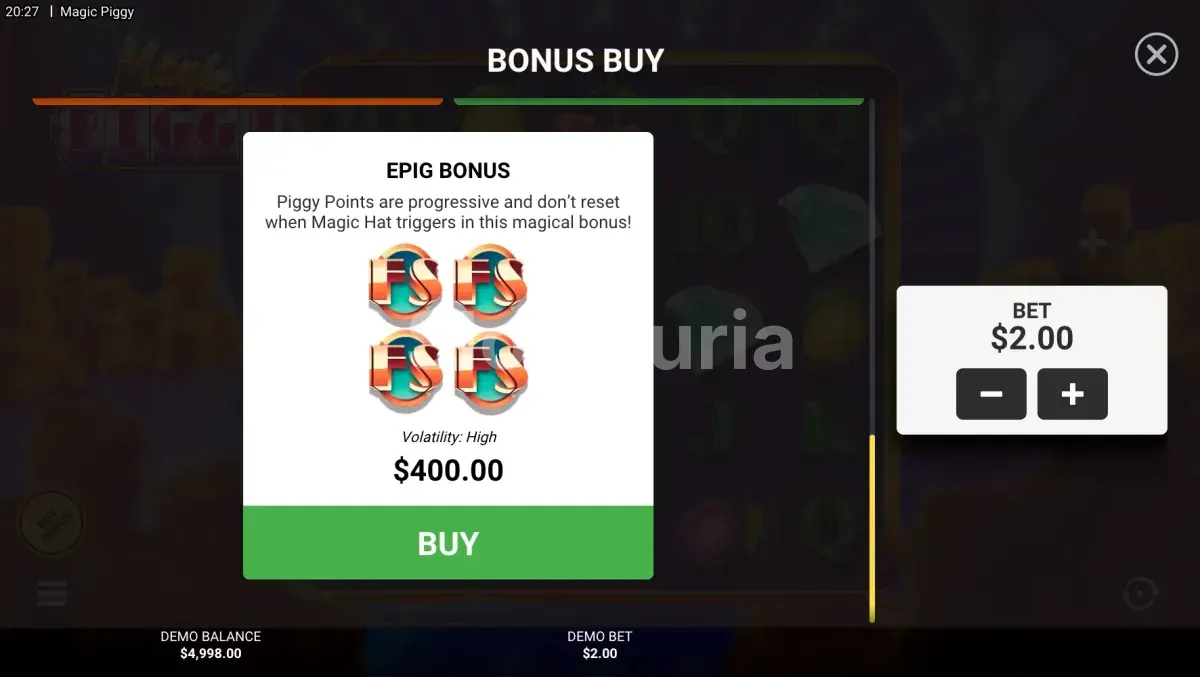 Menú de compra de bono de Magic Piggy con las opciones disponibles
