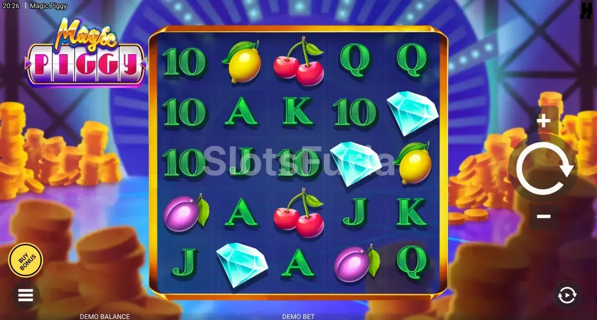 Juego base de Magic Piggy con la cuadrícula de 5x5 y cerditos en pantalla