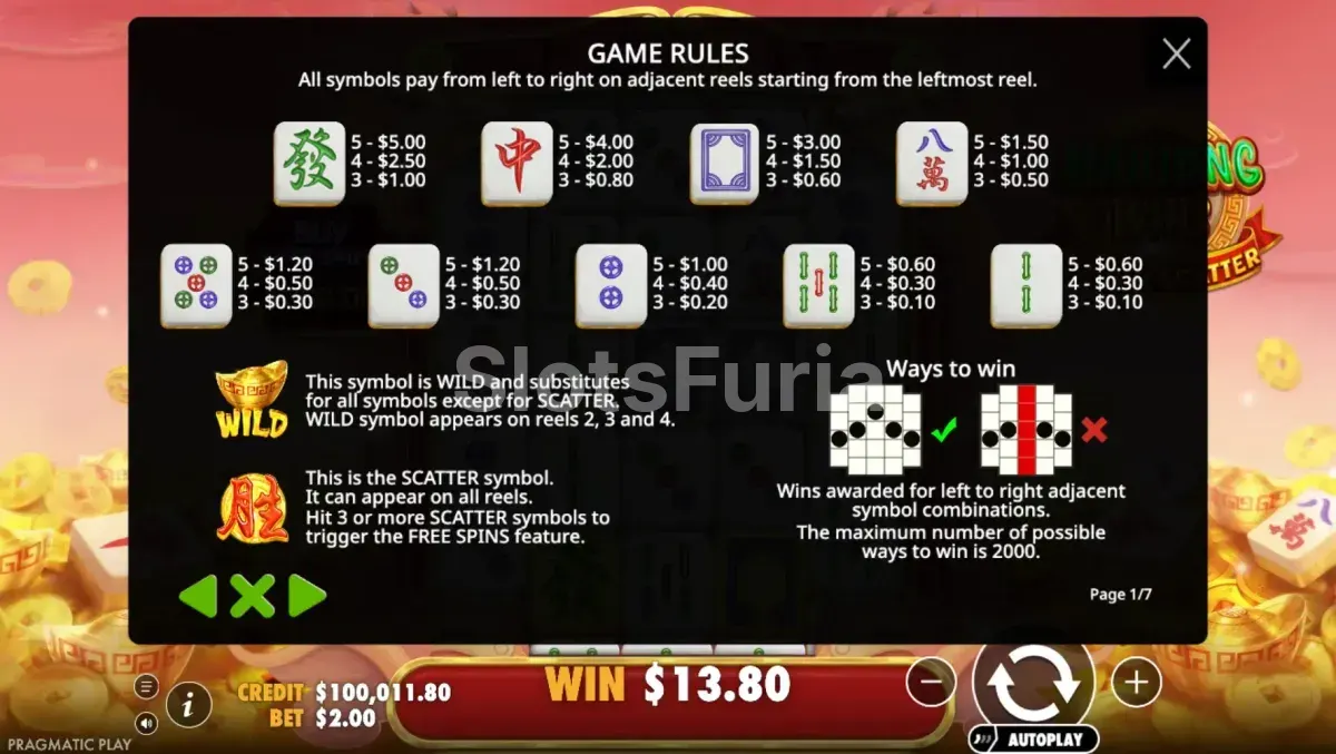 Tabla de pagos y símbolos de Mahjong Wins Super Scatter