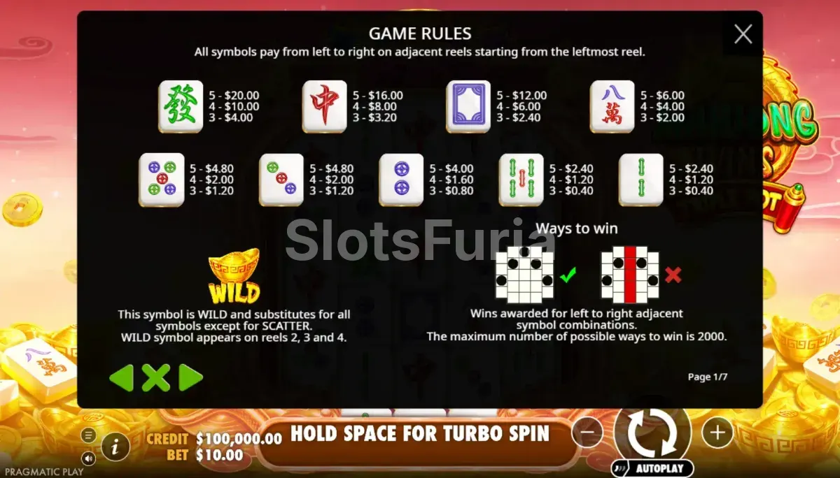 Tabla de pagos completa de Mahjong Wins Triple Pot