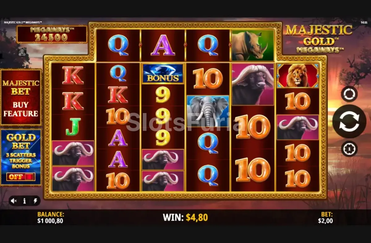 Pantalla principal del juego base en Majestic Gold Megaways