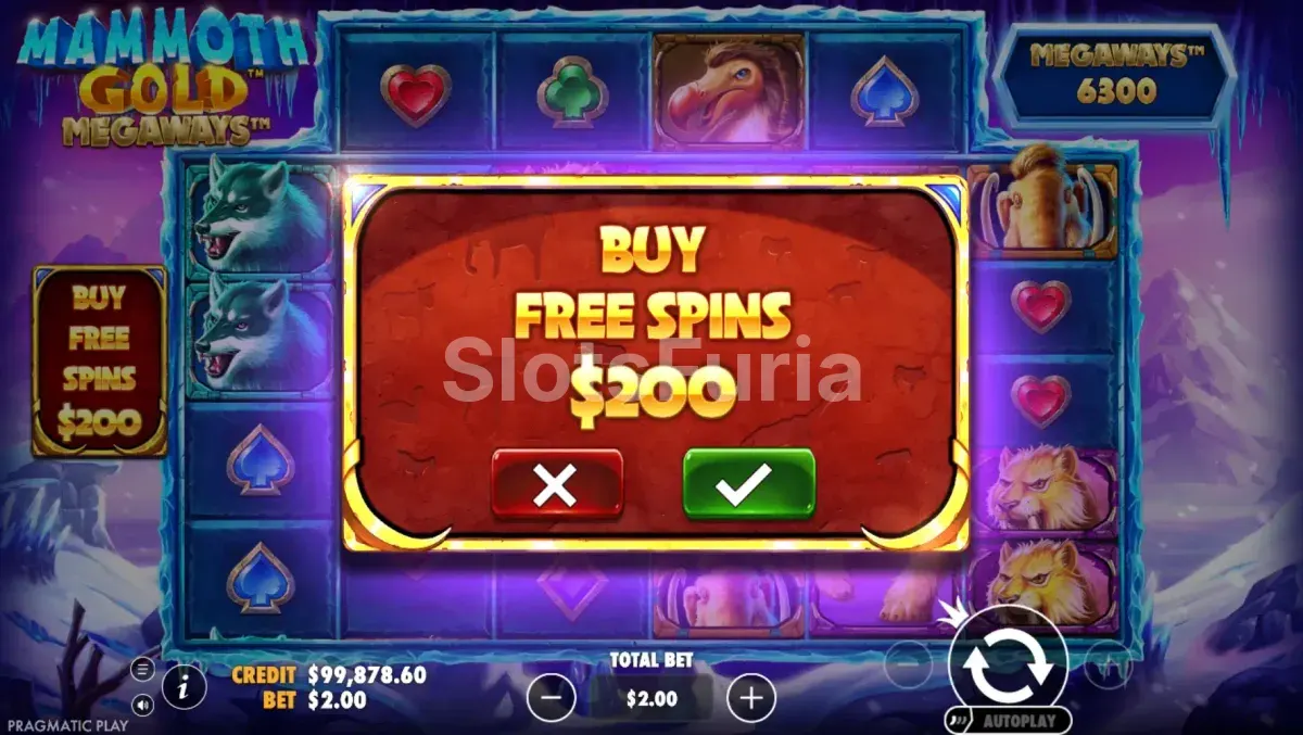 Menú de compra de bono en Mammoth Gold Megaways de Pragmatic Play