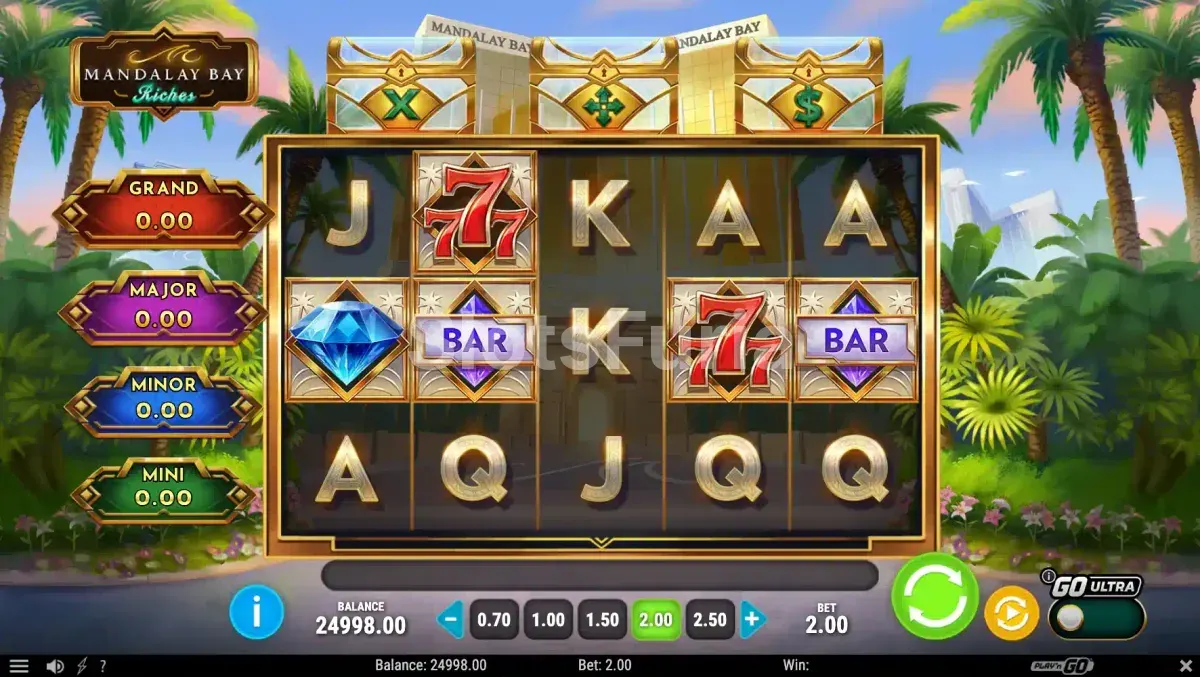 Pantalla principal de la slot Mandalay Bay Riches con temática de Las Vegas