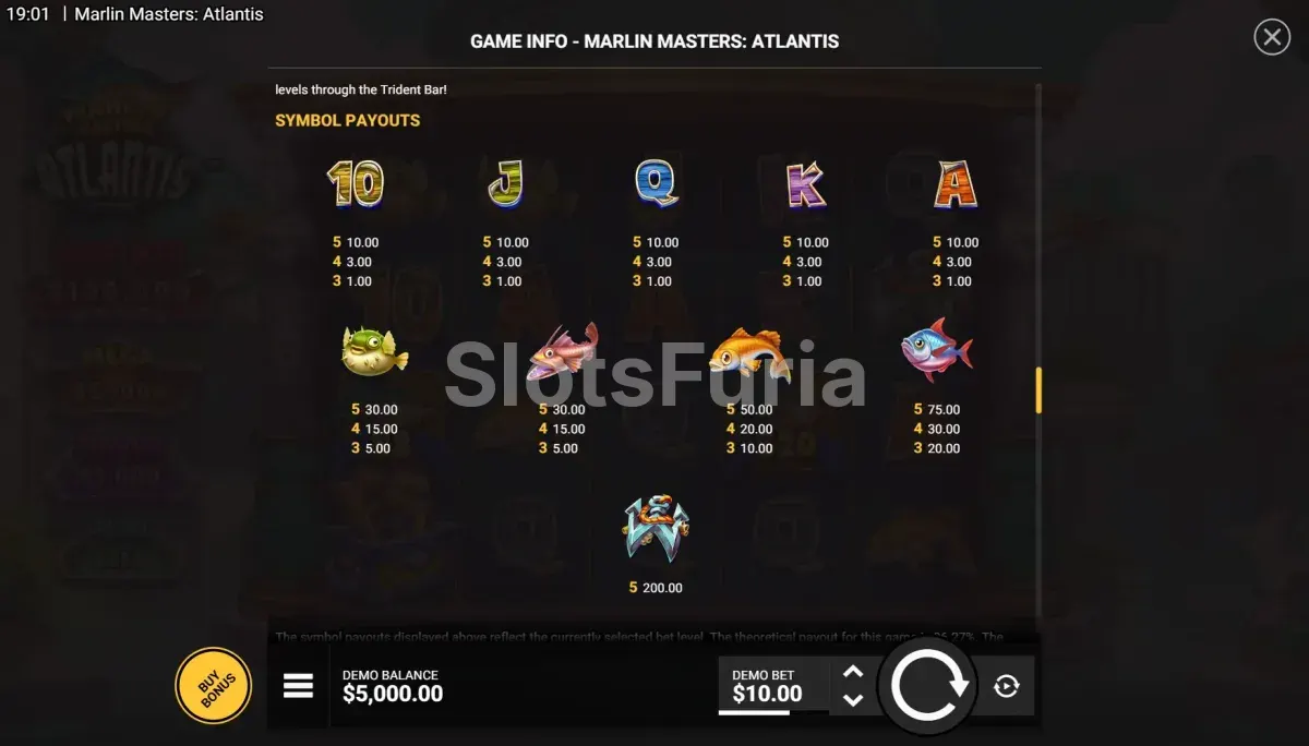 Tabla de pagos de Marlin Masters Atlantis con peces, cartas y wild