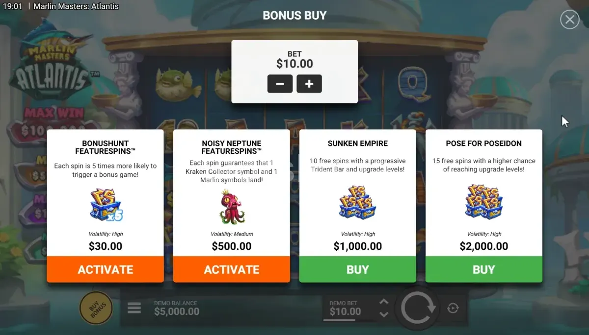 Menú de compra de bonos de Marlin Masters Atlantis