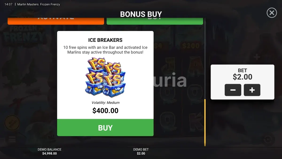 Menú de compra de bono de Marlin Masters Frozen Frenzy