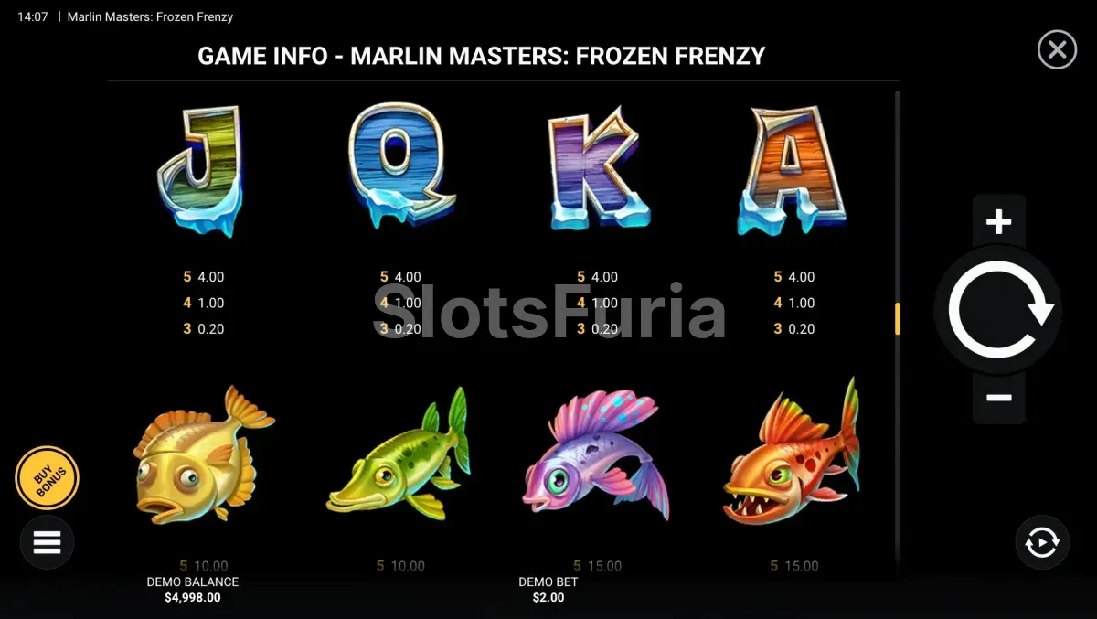 Tabla de pagos de Marlin Masters Frozen Frenzy con los valores de peces y cartas
