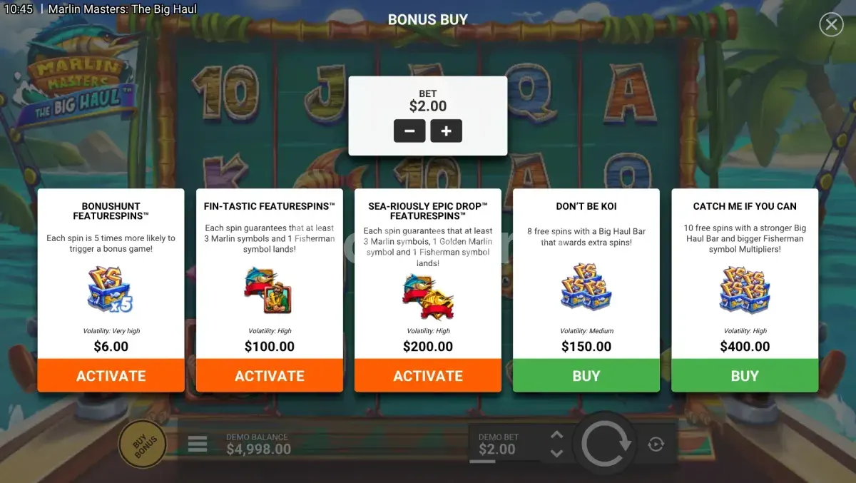 Menú de compra de bonus disponible en Marlin Masters The Big Haul