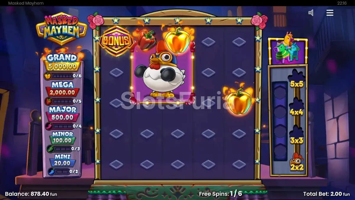Pantalla de giros gratis en Masked Mayhem con Win Zone activa