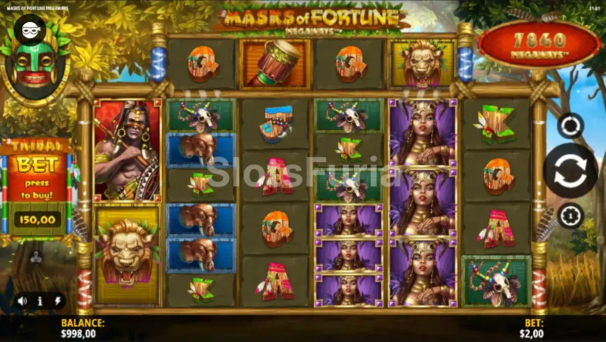 Pantalla principal del juego base de Masks of Fortune Megaways