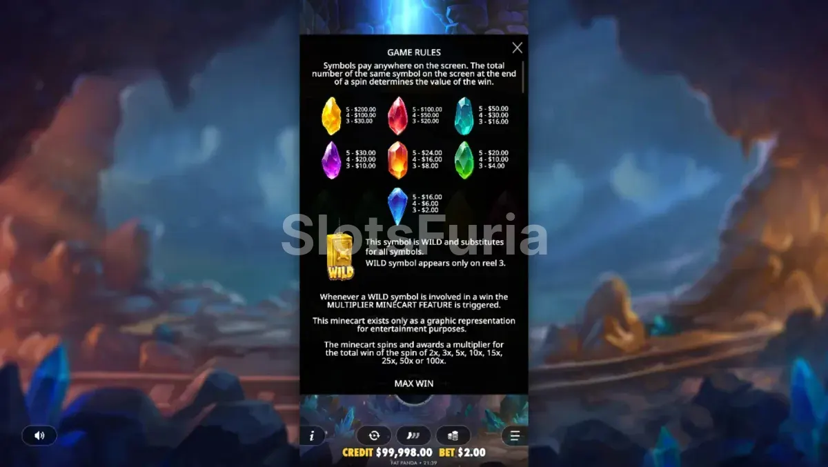 Tabla de pagos de Master Gems con multiplicadores y valores de símbolos