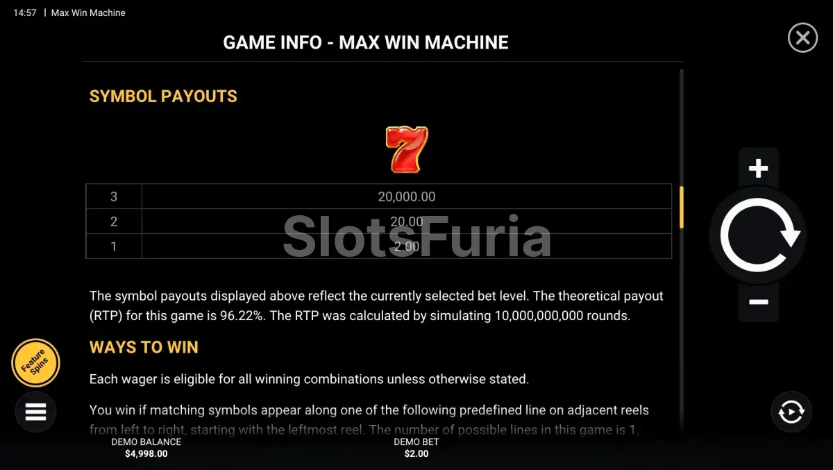 Tabla de pagos de Max Win Machine mostrando los Lucky Sevens