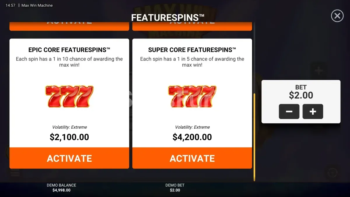 Menú de compra de bonus en Max Win Machine de Hacksaw Gaming