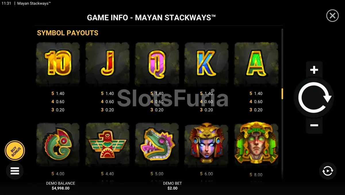 Tabla de pagos completa de Mayan Stackways con todos los símbolos