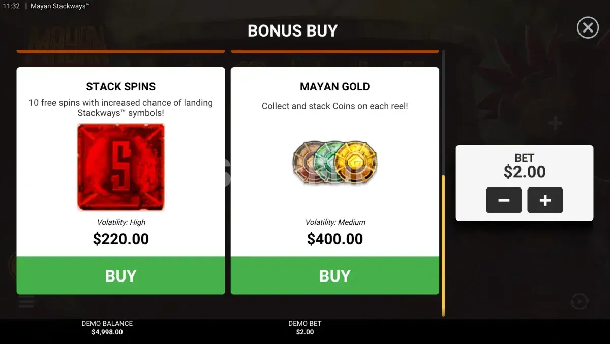 Menú de compra de bonos de Mayan Stackways con opciones disponibles