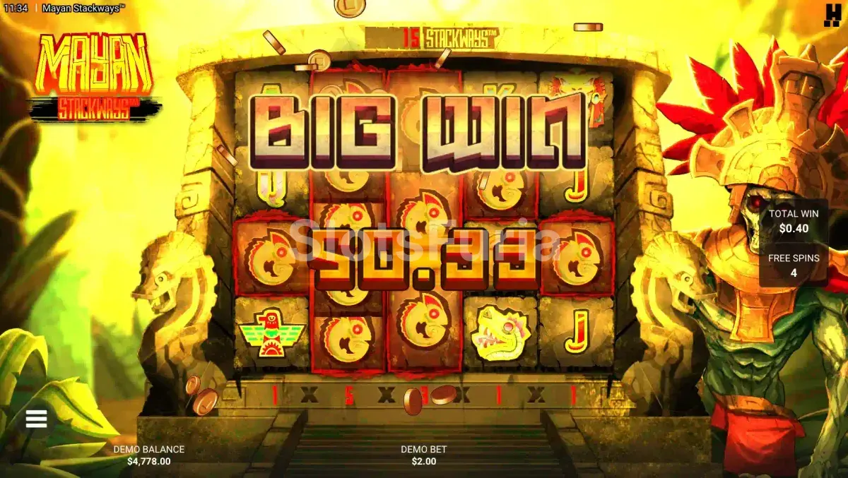 Gran victoria en Mayan Stackways con la pantalla de celebración