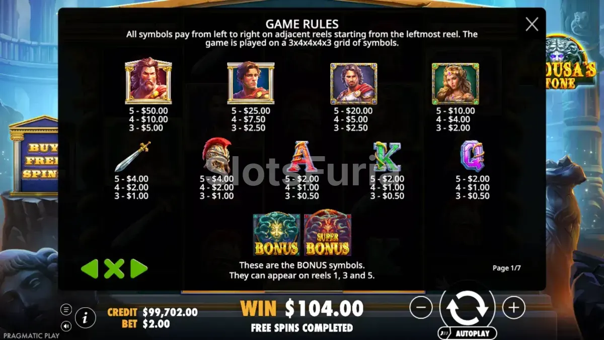 Tabla de pagos completa de Medusa's Stone